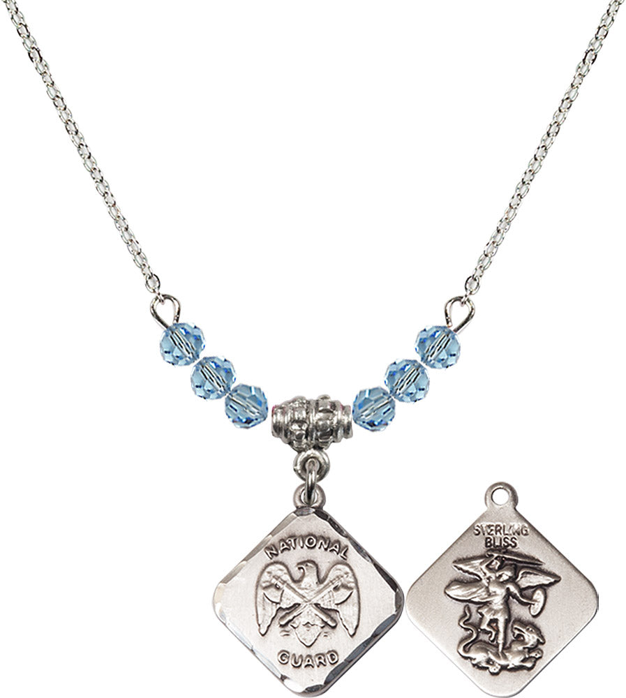Sterling Silver Nat'l Guard Diamond Birthstone Necklace with Aqua Beads - 1180
