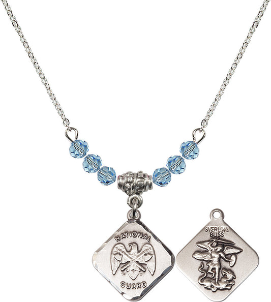 Sterling Silver Nat'l Guard Diamond Birthstone Necklace with Aqua Beads - 1180
