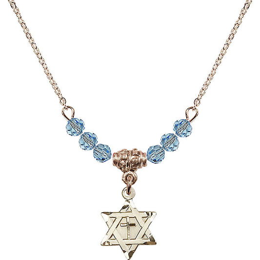 14kt Gold Filled Star of David w/ Cross Birthstone Necklace with Aqua Beads - 1211