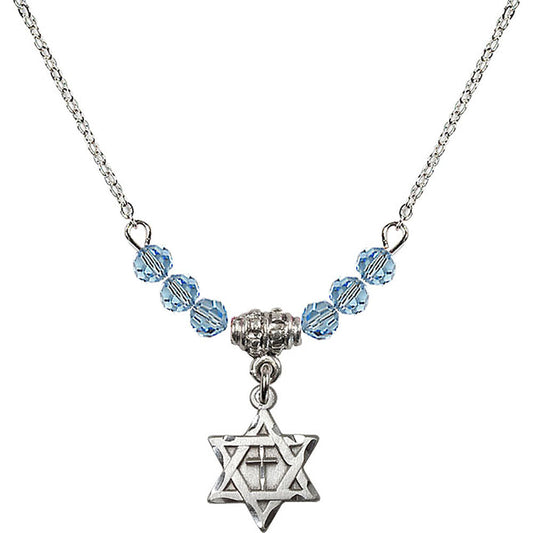 Sterling Silver Star of David w/ Cross Birthstone Necklace with Aqua Beads - 1211