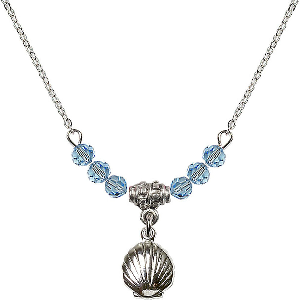 Sterling Silver Shell Birthstone Necklace with Aqua Beads - 1260