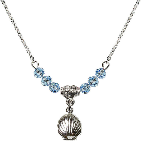 Sterling Silver Shell Birthstone Necklace with Aqua Beads - 1260