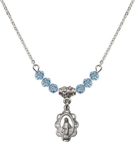 Sterling Silver Miraculous Birthstone Necklace with Aqua Beads - 1610