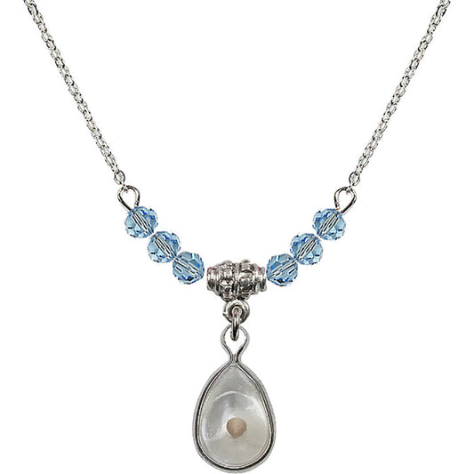 Sterling Silver Mustard Seed Birthstone Necklace with Aqua Beads - 1700