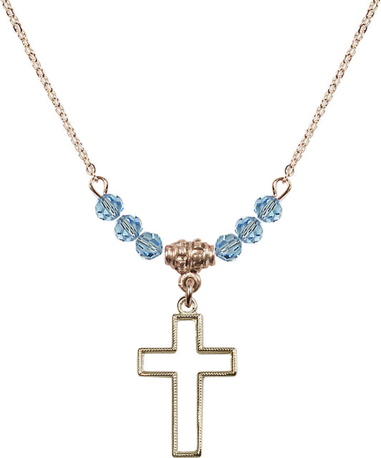 14kt Gold Filled Cross Birthstone Necklace with Aqua Beads - 1708