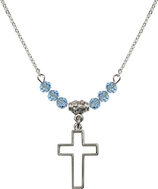 Sterling Silver Cross Birthstone Necklace with Aqua Beads - 1708