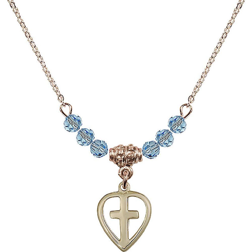 14kt Gold Filled Heart / Cross Birthstone Necklace with Aqua Beads - 1709