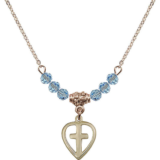 14kt Gold Filled Heart / Cross Birthstone Necklace with Aqua Beads - 1709
