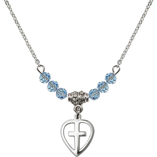 Sterling Silver Heart / Cross Birthstone Necklace with Aqua Beads - 1709