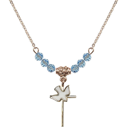 14kt Gold Filled Cross / Holy Spirit Birthstone Necklace with Aqua Beads - 1812