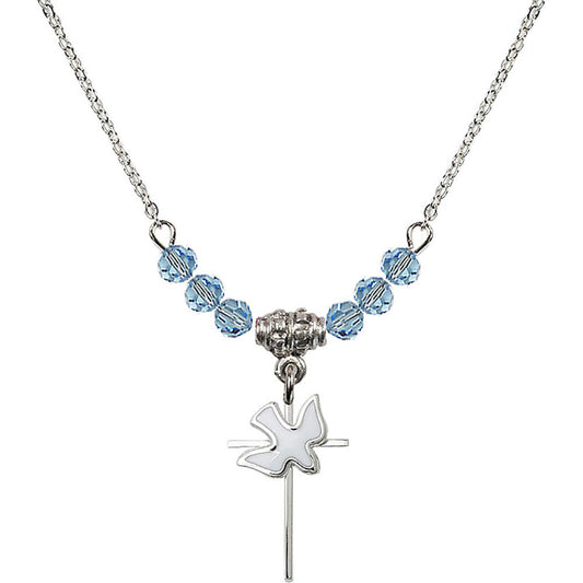 Sterling Silver Cross / Holy Spirit Birthstone Necklace with Aqua Beads - 1812