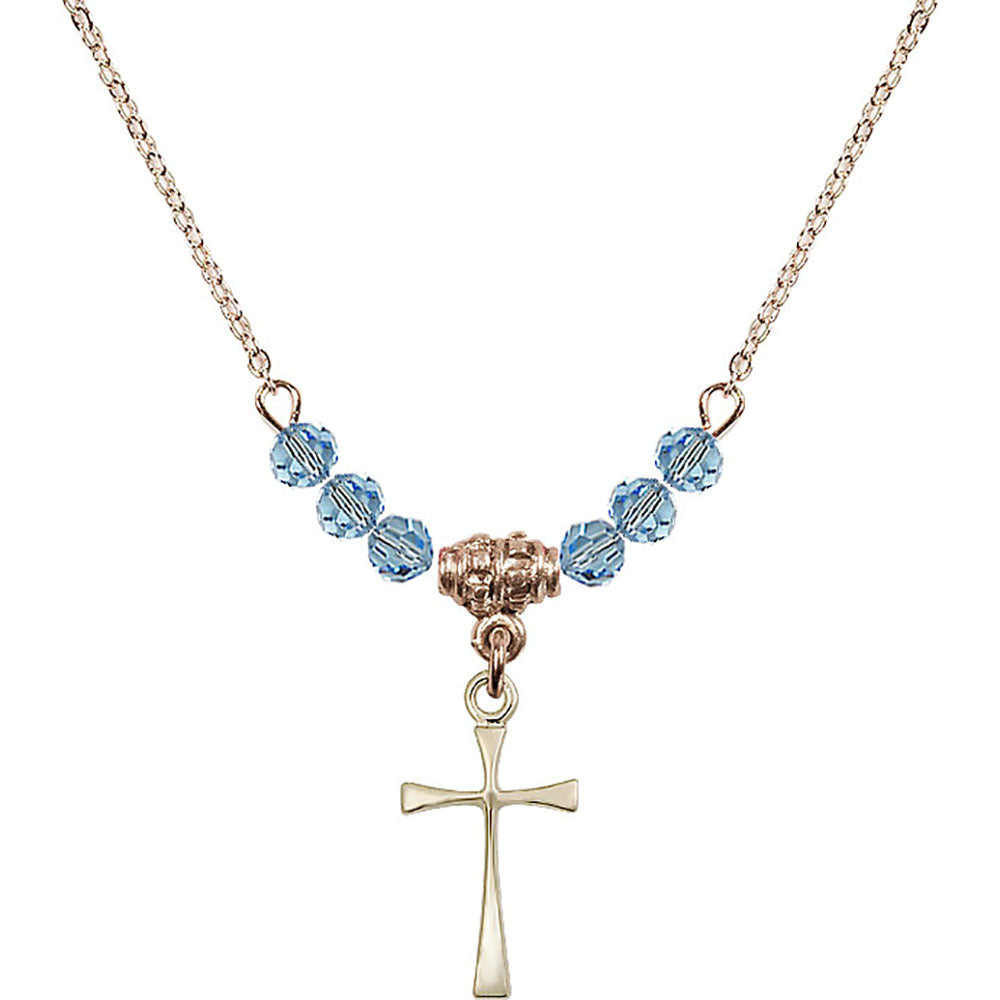14kt Gold Filled Maltese Cross Birthstone Necklace with Aqua Beads - 1872
