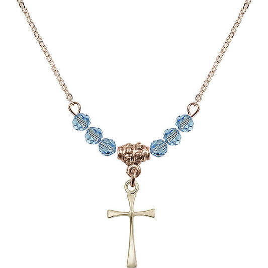 14kt Gold Filled Maltese Cross Birthstone Necklace with Aqua Beads - 1872