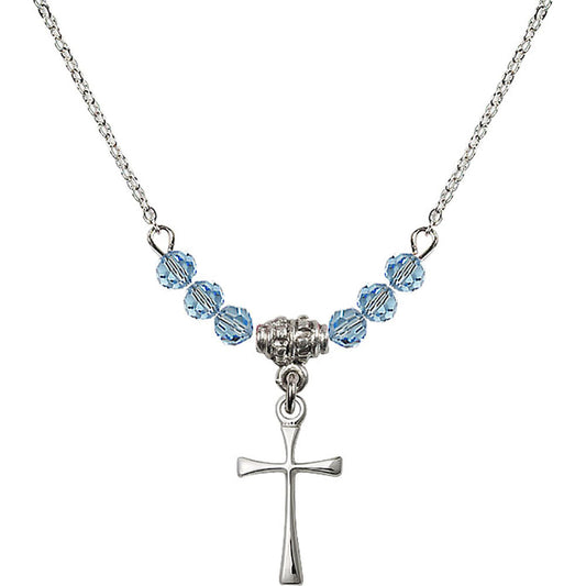 Sterling Silver Maltese Cross Birthstone Necklace with Aqua Beads - 1872