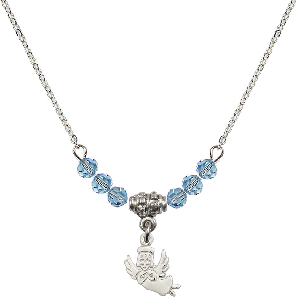 Sterling Silver Guardian Angel Birthstone Necklace with Aqua Beads - 2128