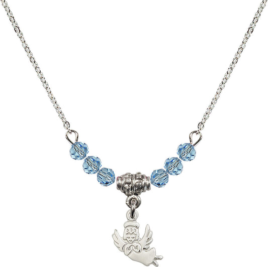 Sterling Silver Guardian Angel Birthstone Necklace with Aqua Beads - 2128