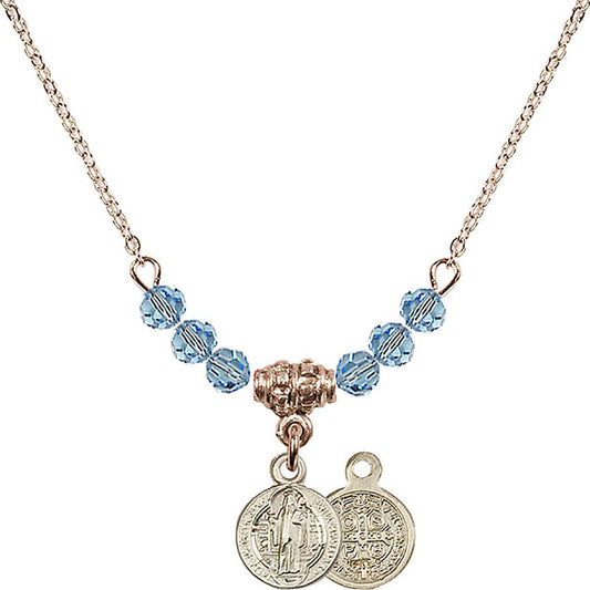 14kt Gold Filled Saint Benedict Birthstone Necklace with Aqua Beads - 2341