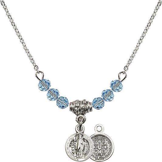 Sterling Silver Saint Benedict Birthstone Necklace with Aqua Beads - 2341