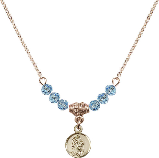 14kt Gold Filled Saint Christopher Birthstone Necklace with Aqua Beads - 2343