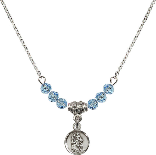 Sterling Silver Saint Christopher Birthstone Necklace with Aqua Beads - 2343
