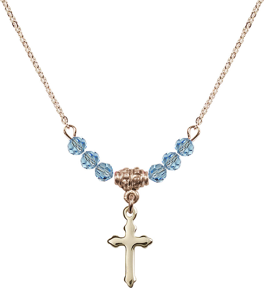 14kt Gold Filled Cross Birthstone Necklace with Aqua Beads - 2528