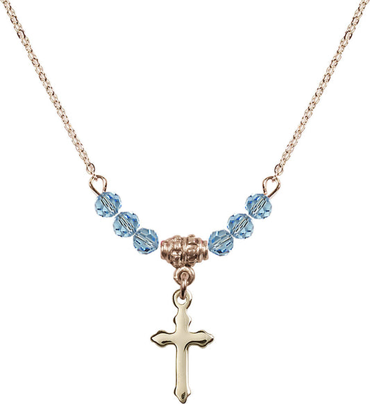 14kt Gold Filled Cross Birthstone Necklace with Aqua Beads - 2528