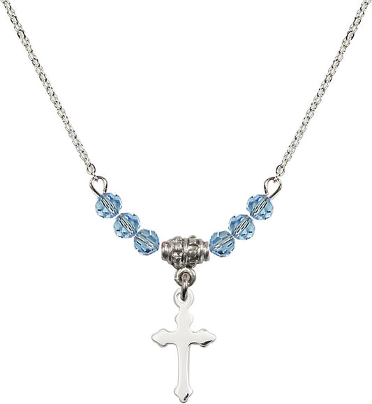 Sterling Silver Cross Birthstone Necklace with Aqua Beads - 2528