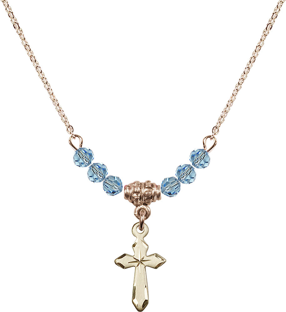14kt Gold Filled Cross Birthstone Necklace with Aqua Beads - 2529
