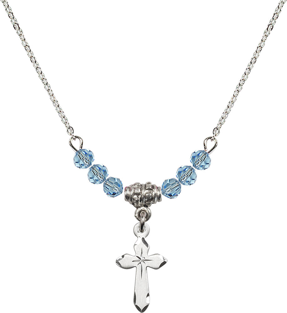 Sterling Silver Cross Birthstone Necklace with Aqua Beads - 2529