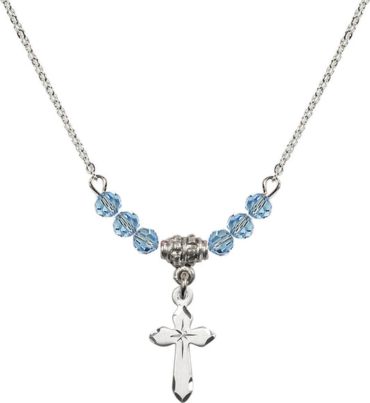 Sterling Silver Cross Birthstone Necklace with Aqua Beads - 2529