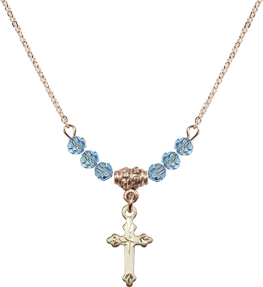 14kt Gold Filled Cross Birthstone Necklace with Aqua Beads - 2531