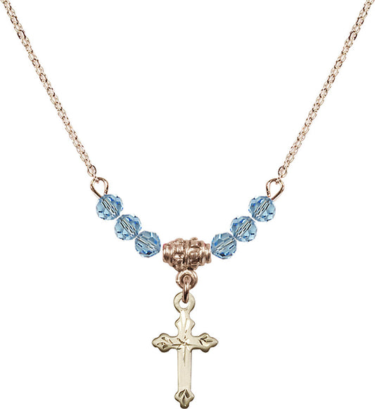 14kt Gold Filled Cross Birthstone Necklace with Aqua Beads - 2531