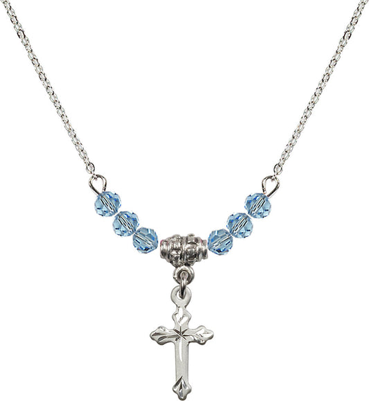 Sterling Silver Cross Birthstone Necklace with Aqua Beads - 2531