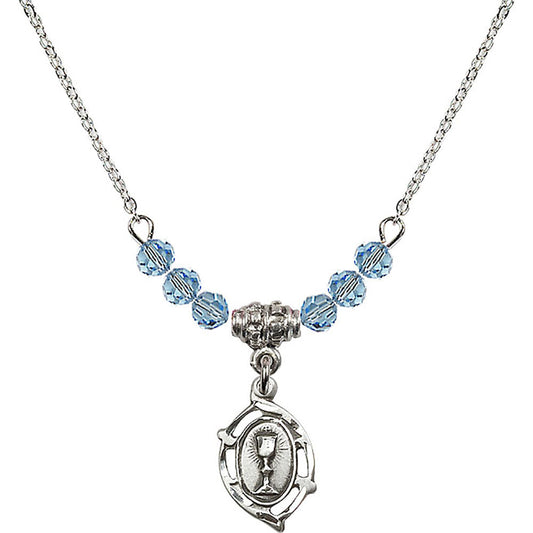 Sterling Silver Communion Birthstone Necklace with Aqua Beads - 3019