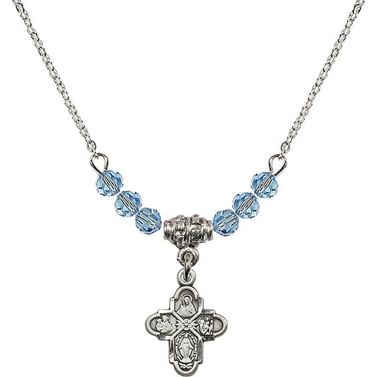 Sterling Silver 4-Way Birthstone Necklace with Aqua Beads - 3143