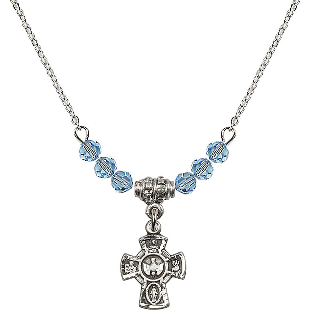 Sterling Silver 5-Way Birthstone Necklace with Aqua Beads - 3145