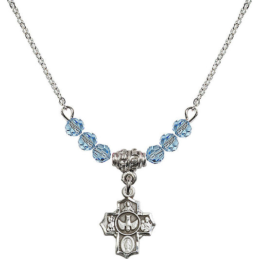 Sterling Silver 5-Way Birthstone Necklace with Aqua Beads - 3190