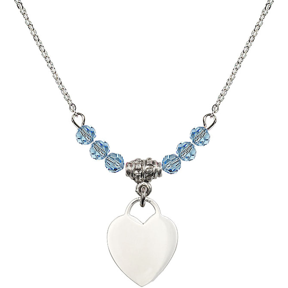 Sterling Silver Heart Birthstone Necklace with Aqua Beads - 3400