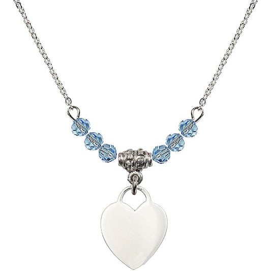 Sterling Silver Heart Birthstone Necklace with Aqua Beads - 3400