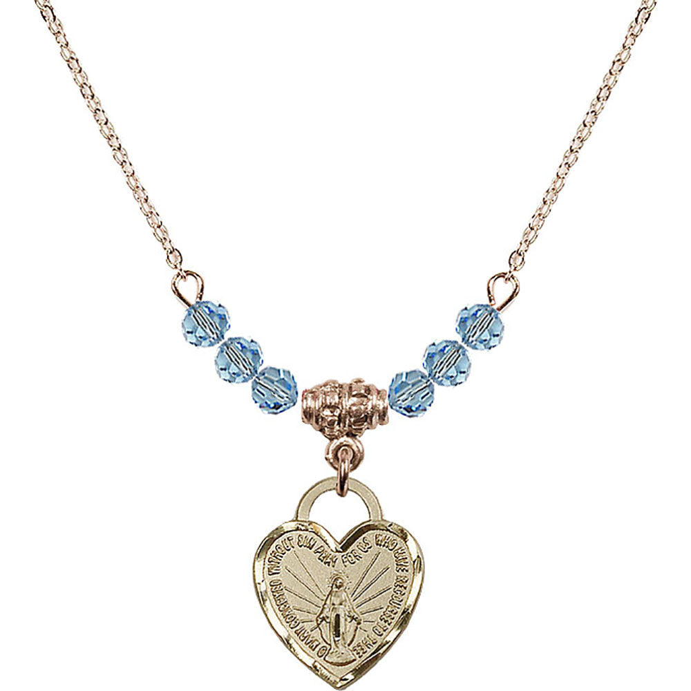 14kt Gold Filled Miraculous Heart Birthstone Necklace with Aqua Beads - 3401