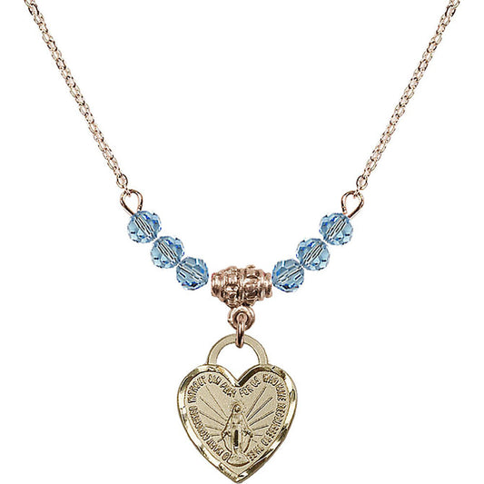 14kt Gold Filled Miraculous Heart Birthstone Necklace with Aqua Beads - 3401