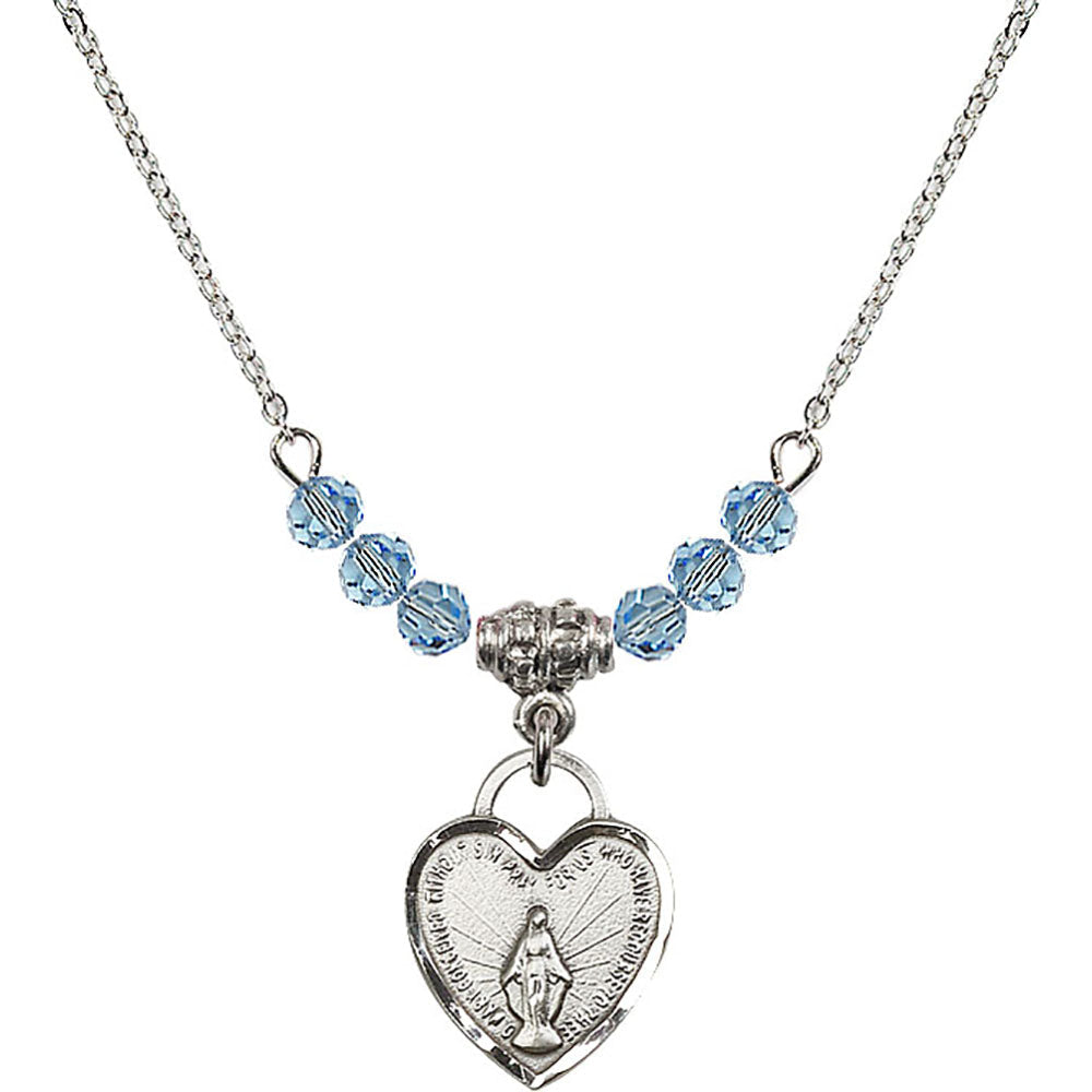Sterling Silver Miraculous Heart Birthstone Necklace with Aqua Beads - 3401