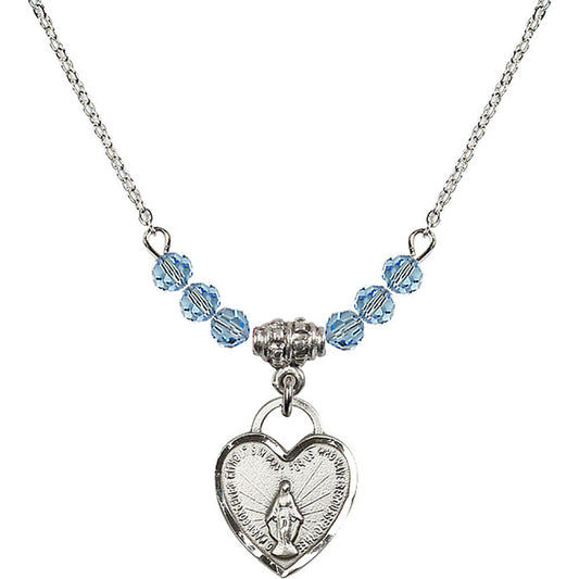 Sterling Silver Miraculous Heart Birthstone Necklace with Aqua Beads - 3401