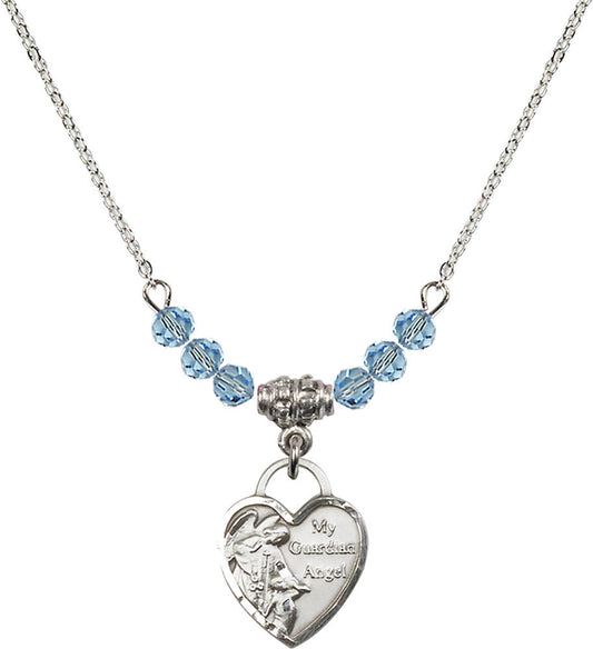 Sterling Silver Guardian Angel Heart Birthstone Necklace with Aqua Beads - 3402
