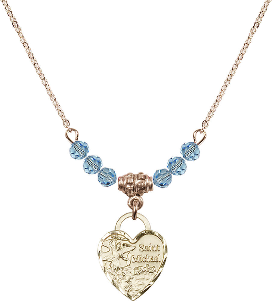14kt Gold Filled Saint Michael Heart Birthstone Necklace with Aqua Beads - 3403