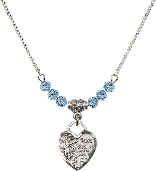 Sterling Silver Saint Michael Heart Birthstone Necklace with Aqua Beads - 3403