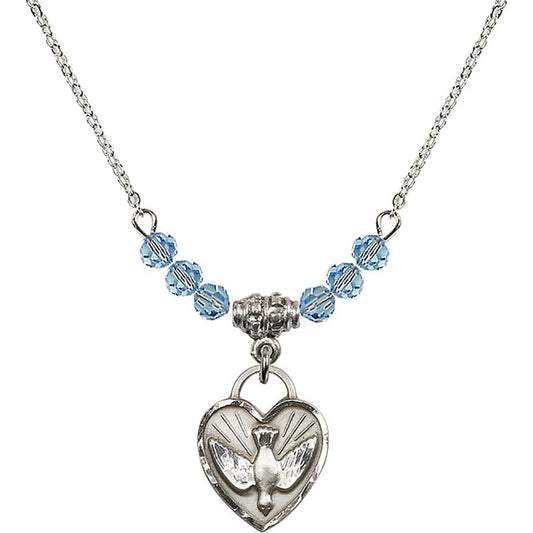 Sterling Silver Confirmation Heart Birthstone Necklace with Aqua Beads - 3405