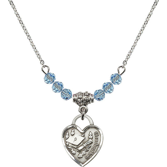 Sterling Silver Graduation Heart Birthstone Necklace with Aqua Beads - 3406
