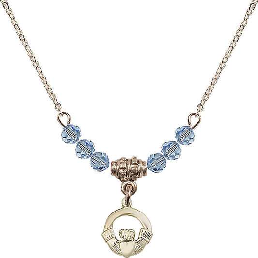 14kt Gold Filled Claddagh Birthstone Necklace with Aqua Beads - 4113