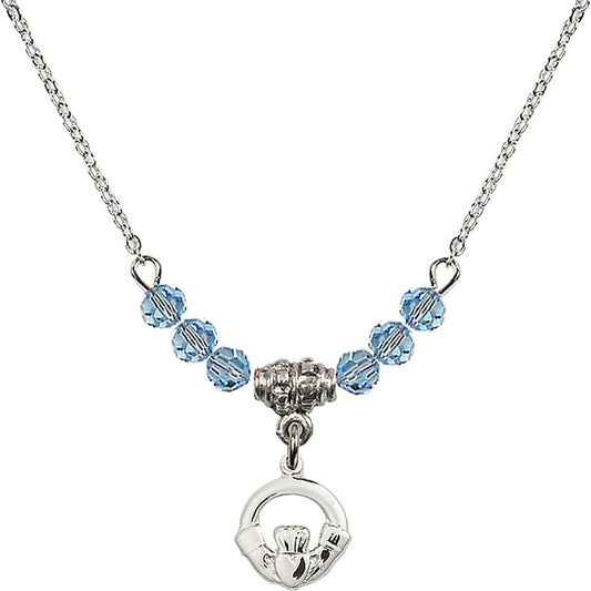 Sterling Silver Claddagh Birthstone Necklace with Aqua Beads - 4113